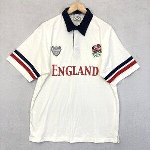England Rugby Polo Shirt Mens XL White Red Rose Blokecore 100% Cotton XV Top